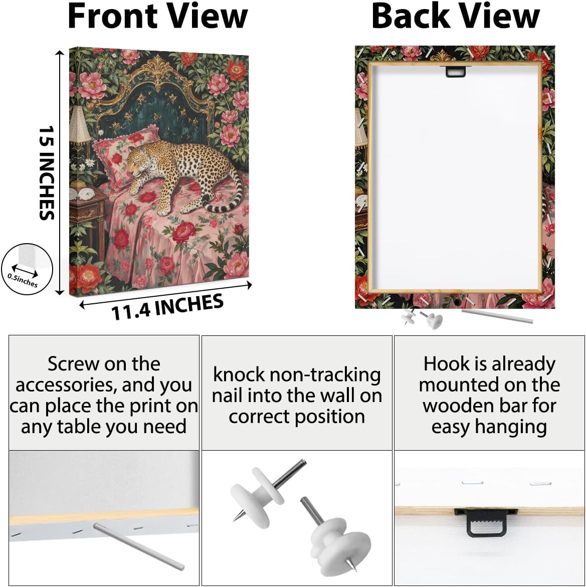 Leopard in Bed Wall Art, Mid Century Vantage Animal Portrait Oil Painting Canvas Framed Prints Modern Decorations, Maximalist Leopard Poster for Bedroom Living Room Entryway Aesthetic