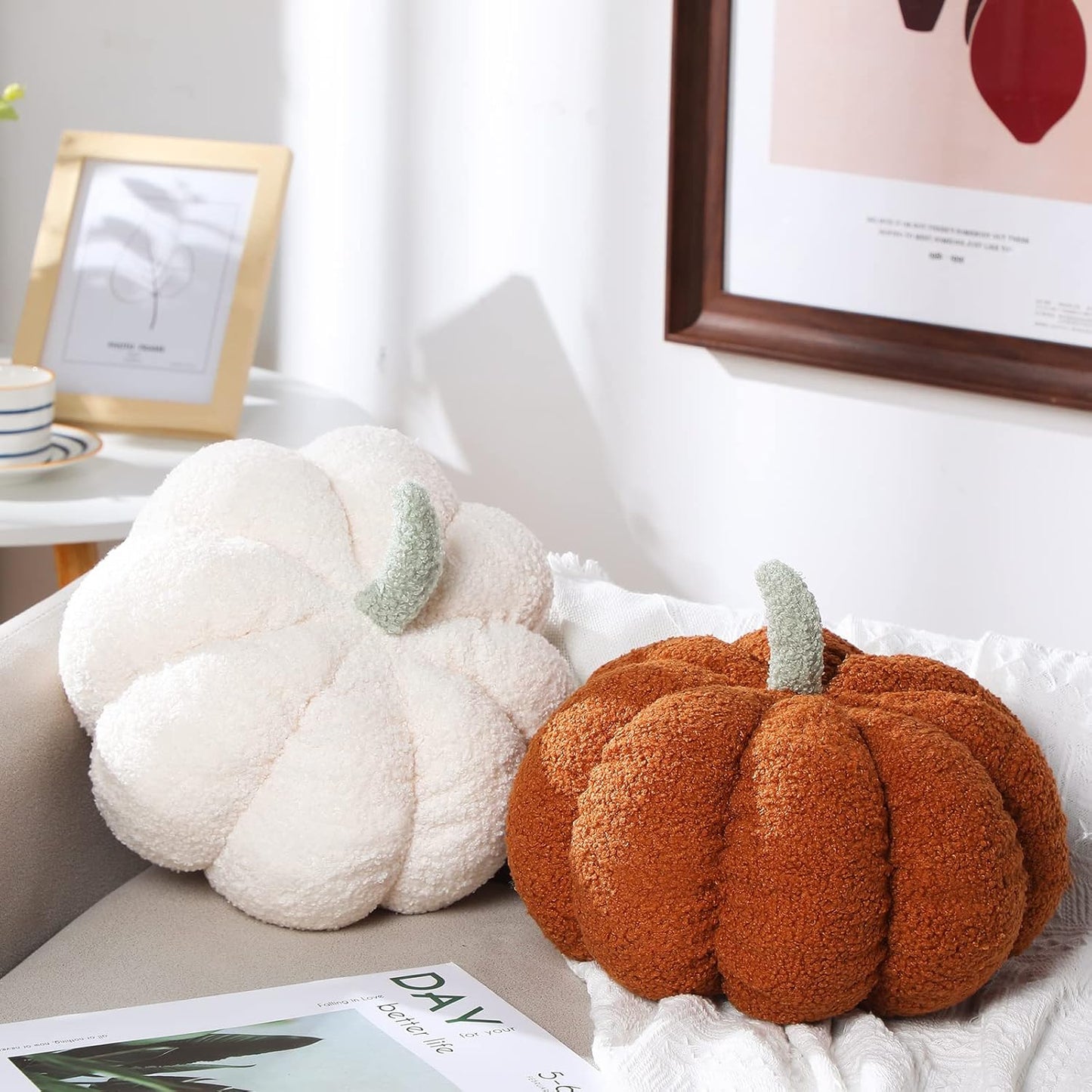Kajaia 2 Pcs Simulated Pumpkin Pillow Plush 11 x 9.5 Inch 3D Cushion Fall Decorations Stuffed Throw Pillows Toy for Thanksgiving Christmas Halloween Bedroom Sofa Couch Supplies (White,Brown)