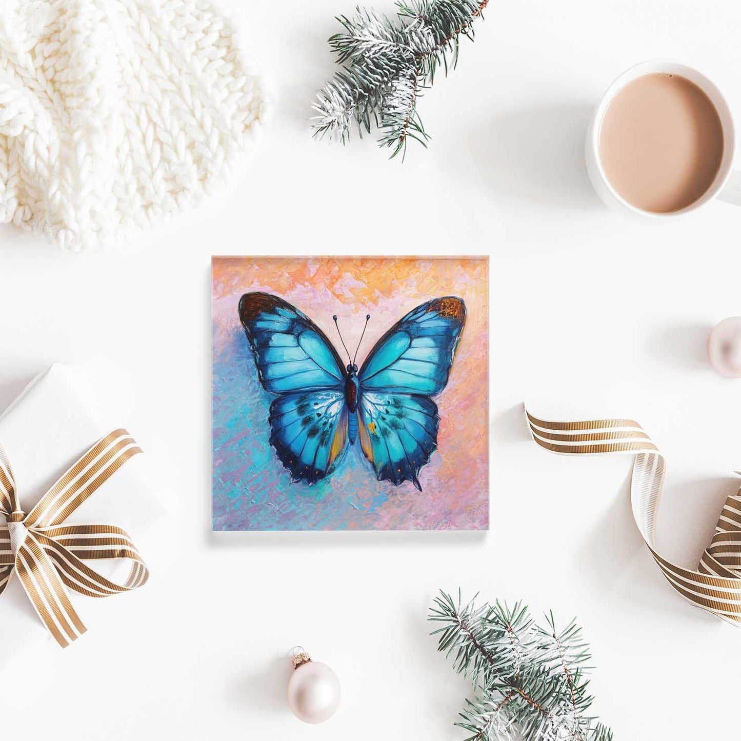 NOHSHE Acrylic Desk Decor - Oil Painting of Blue Butterfly - 4x4 Tabletop Wall Sign - Appreciation & Housewarming Presents for Coworkers & Friends