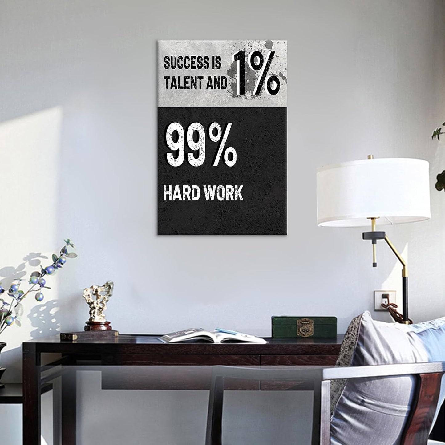 DINGFUN Inspirational Canvas Print Wall Art Motivational Success Is 1% Talent and 99% Hard Work Quotes Poster Painting Artwork for Bedroom Office Gym Picture Decoration Ready to Hang [12''Wx18''H]