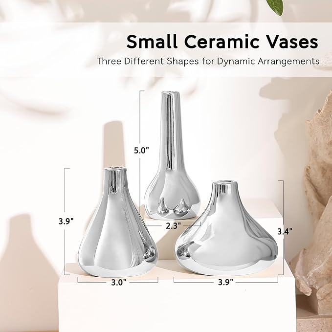 Silver Vases (Set of 3) by Port&Petal – Small Bud Vases 3.5-5” Tall with Reflective Finish | Silver Home Decor, Accent for Living Room, Table Decor, Wedding Table Centerpiece Decoration