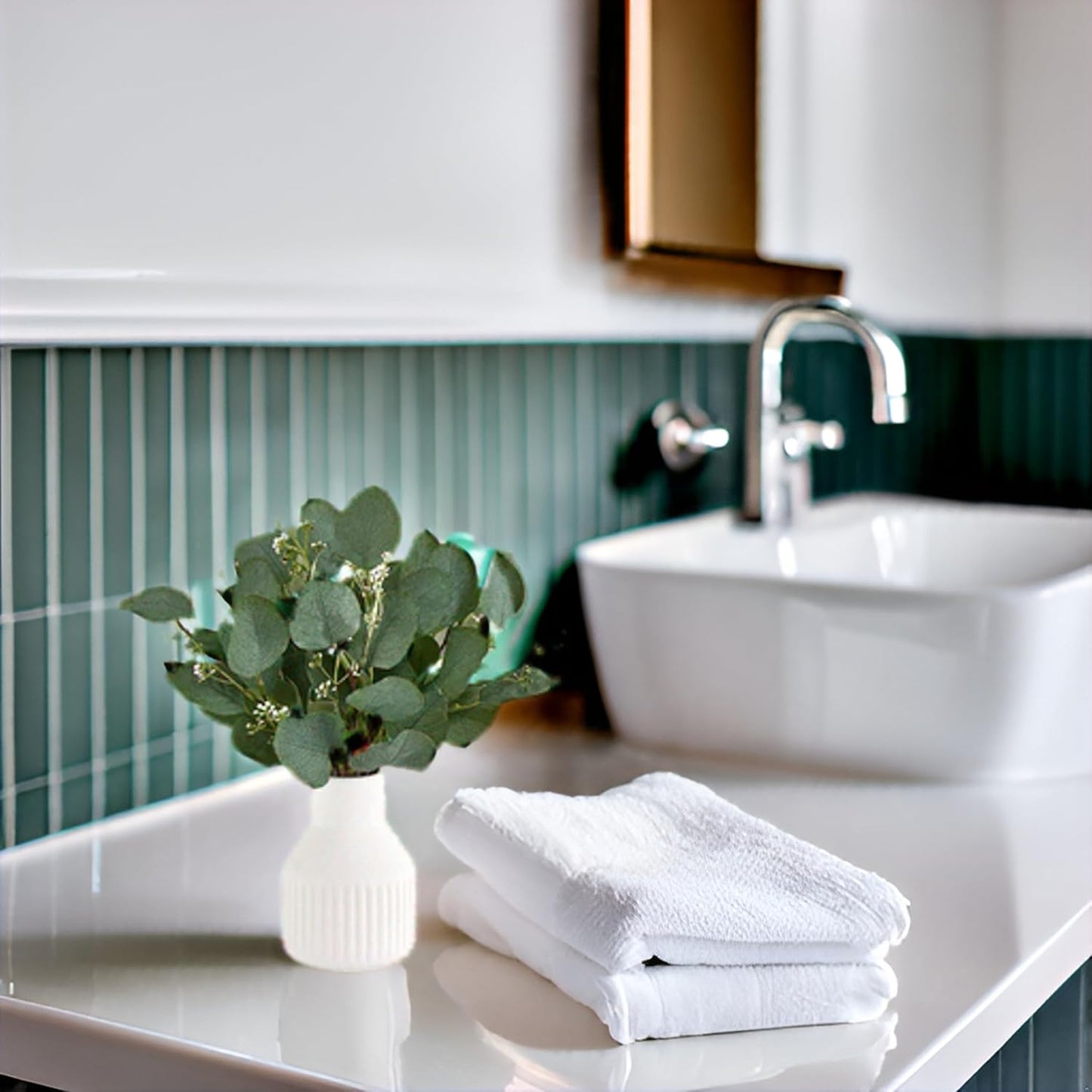 Dahey Artificial Eucalyptus Stems in Small Ceramic Vase Centerpiece Table Decorations Modern Farmhouse Decor Fake Eucalyptus Plants with Vase for Bathroom Kitchen Shelf Living Room Home Decor, White