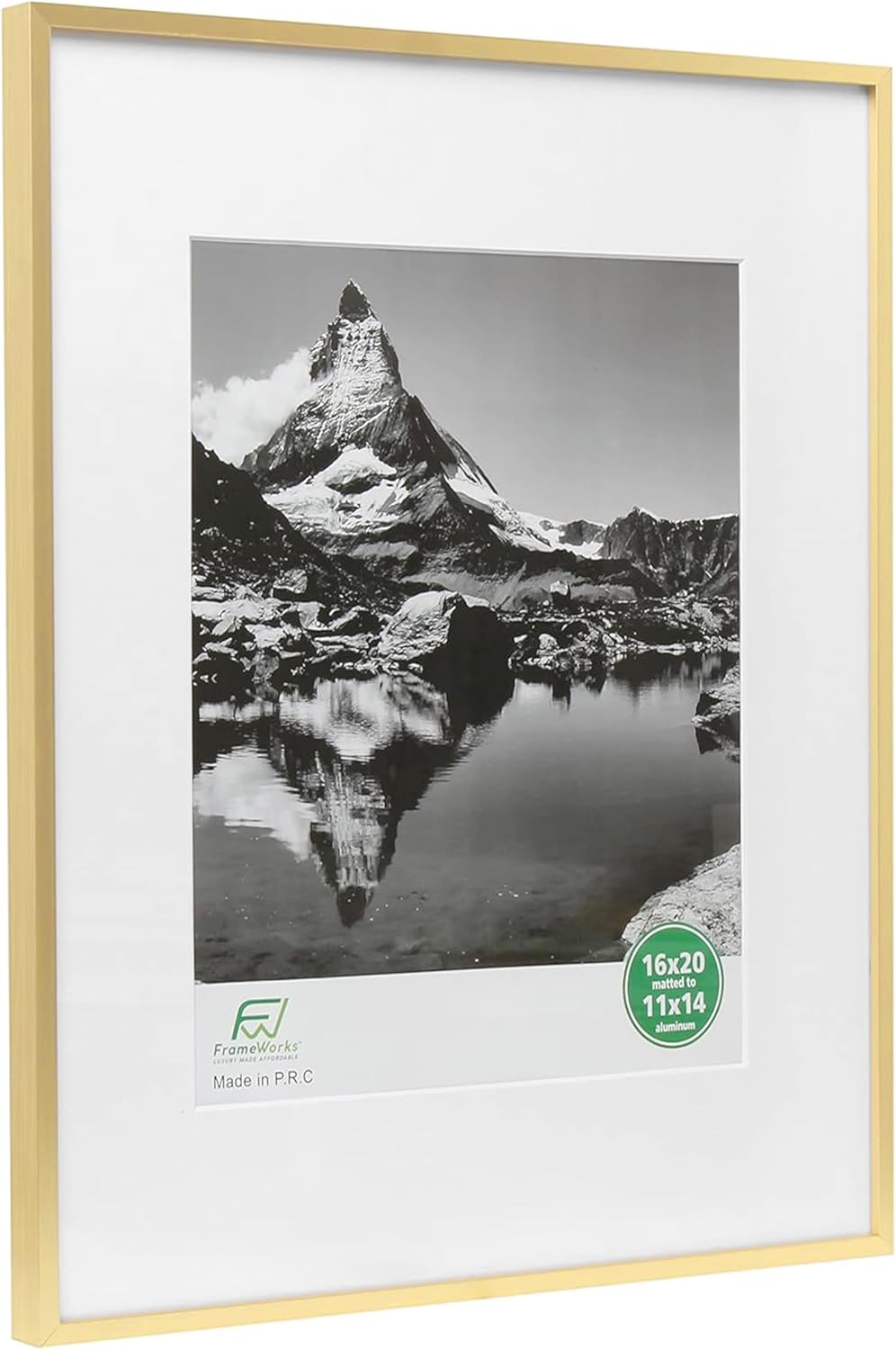 FrameWorks 16x20 Matted to 11x14 Picture Frame – Aluminum Frame w/Tempered Glass, Removable Mat for Photos, Posters, Art, Stylish Wall Frame for Home Decor, Gallery Walls, Office, Living Room - Gold