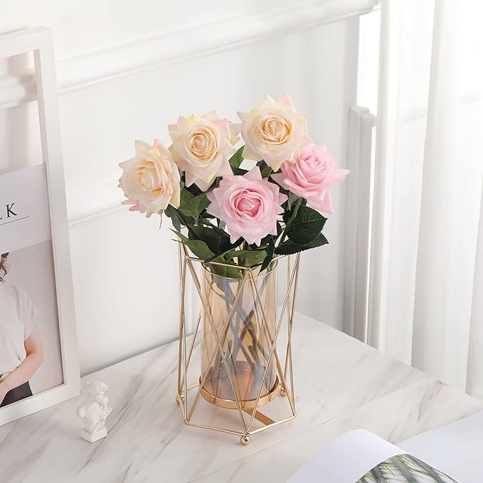 Cosylove Geometric Glass Vase with Metal Bracket, Crystal Transparent Inner Vase, Hand-Plated Geometric Metal Vase, Rose Gold Vase Decoration for Home Office Wedding Holiday Party Gift