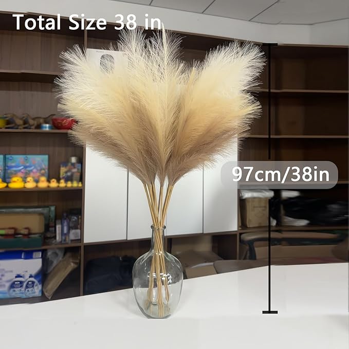 38" 10 Stems Faux Pampas Grass Decor - Tall Pampas Grass for Floor Vase, Boho Home Wedding Mothers Day Decoration (Beige Mixed)