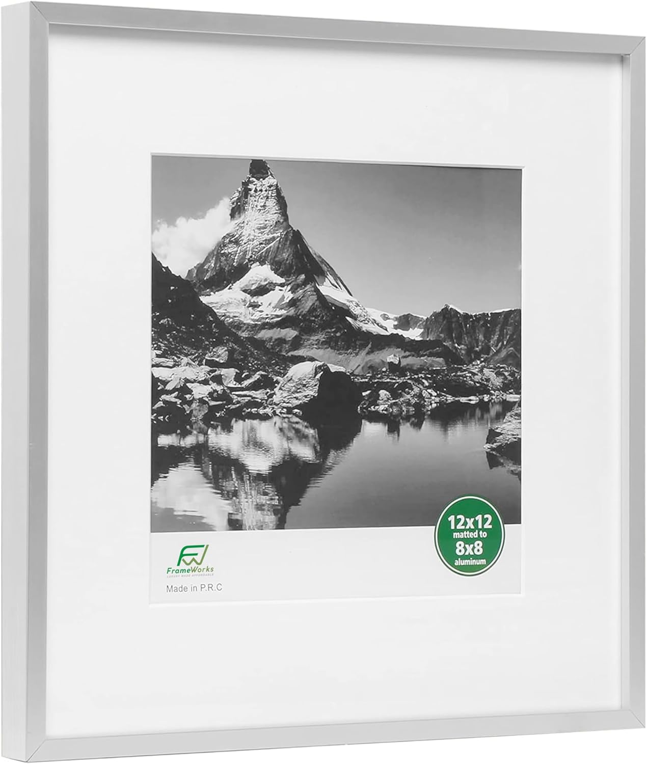FrameWorks 12x12 Matted to 8x8 Picture Frame – Aluminum Frame w/Tempered Glass, Removable Mat for Photos, Posters, Art, Stylish Wall Frame for Home Decor, Gallery Walls, Office, Living Room - Silver