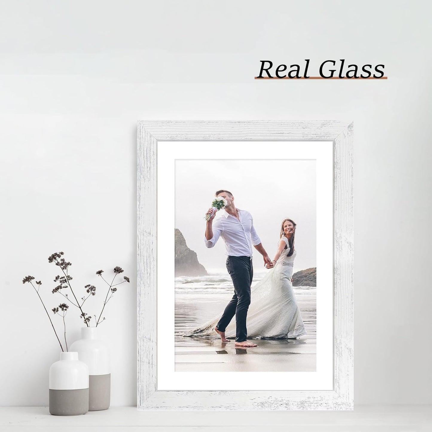 iRahmen 10x14 Picture Frame Set of 4 with Tempered Glass, Distressed White Frame Display 8x12 Picture with Mat or 10 x 14 Without Mat, Wood Rustic Photo Frames for Horizontal or Vertical Wall Mounting