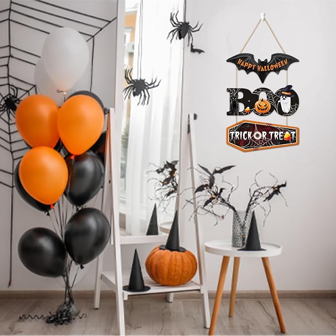 HOURIA Happy Halloween Wooden Sign(11.4”x14.6”),Halloween Boo Wall Decor,Cute Ghost Black Cat Pumpkin Door Hanger,Trick or Treat Wall Hanging Door Sign for Party Front Door Home Indoor Outdoor Yard