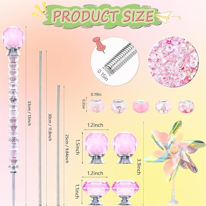 101 PCS Beaded Garden Stakes Kit, DIY Fairy Wand Garden Stake Beads Kits with Pink Large Hole Beads 4 Crystal Stopper Top Threaded Rods and 2 Colored Small Windmills for Outdoor Indoor Decor