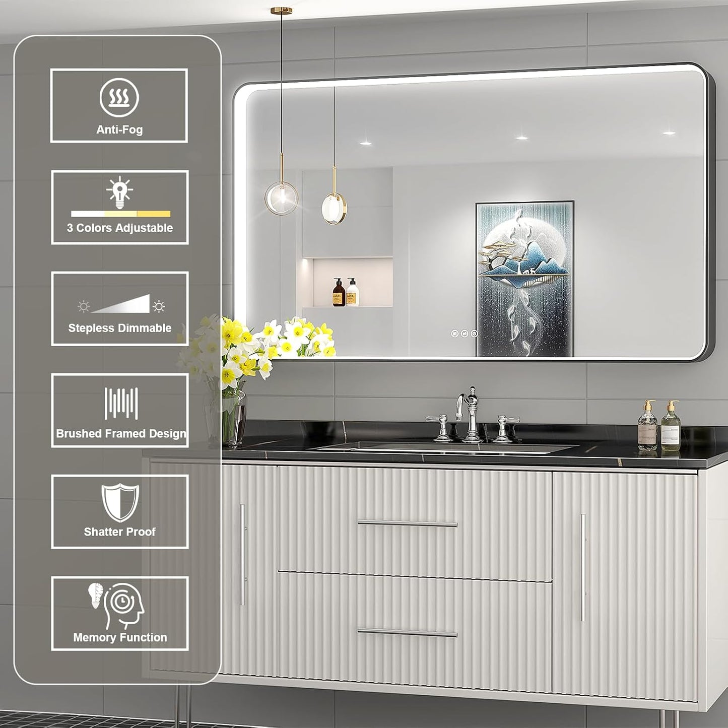 LED Mirror for Bathroom 48X28 Inch Black Framed with Anti-Fog, Stepless Dimmable, Front Lit, LED Bathroom Vanity Mirror for Wall, Memory Function, Shatter-Proof