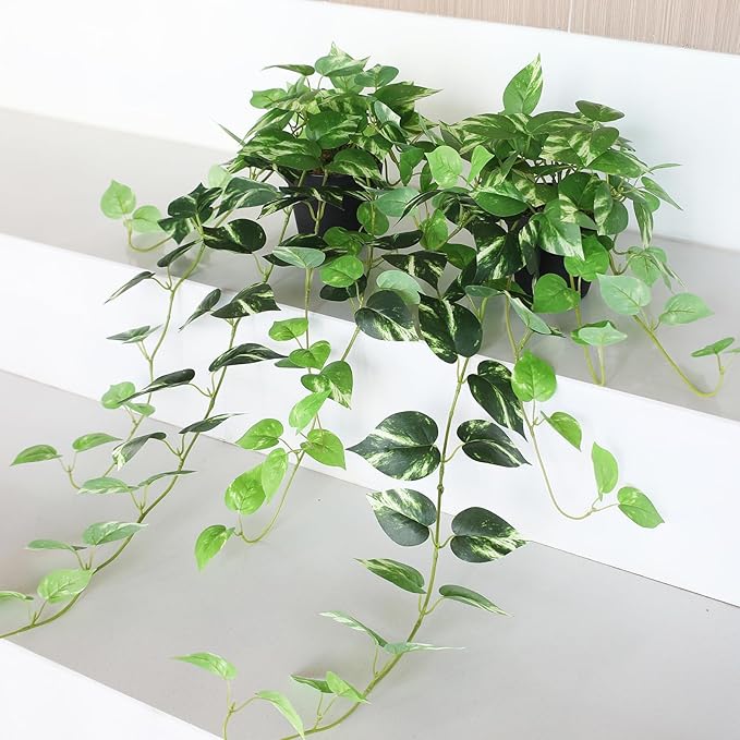 Fake Pothos Hanging Plants - 33" Set of 2 Artificial Silk Ivy Vines with Pots, Realistic Faux Greenery for Indoor Home Decor, Low Maintenance Hanging Plant Decoration (Golden Green)