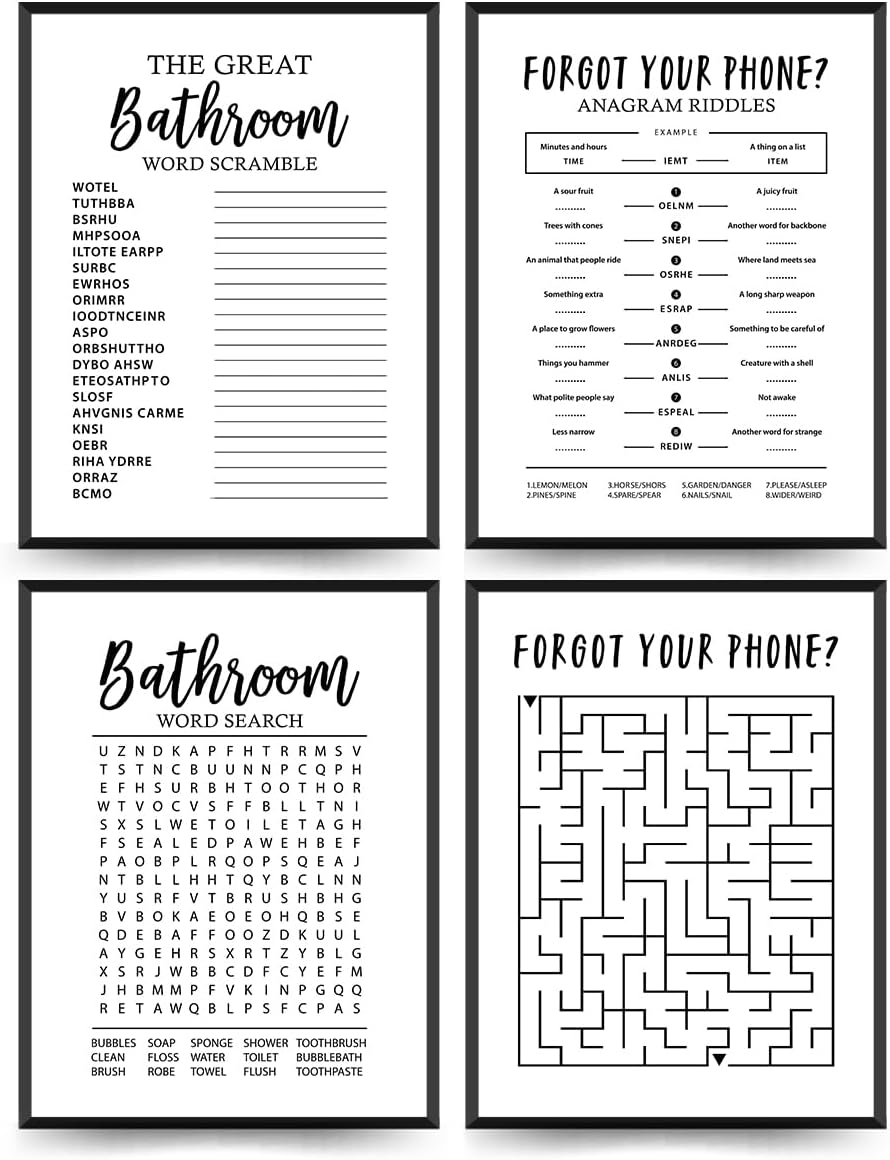 ETVISO Funny Bathroom Decor Wall Art Set of 4, Funny Crossword Puzzle Wall Art, Funny Forget Your Phone, Bathroom Word Search Wall Decor, 12x16 (Unframed)