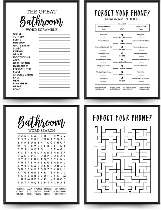 ETVISO Funny Bathroom Decor Wall Art Set of 4, Funny Crossword Puzzle Wall Art, Funny Forget Your Phone, Bathroom Word Search Wall Decor, 12x16 (Unframed)