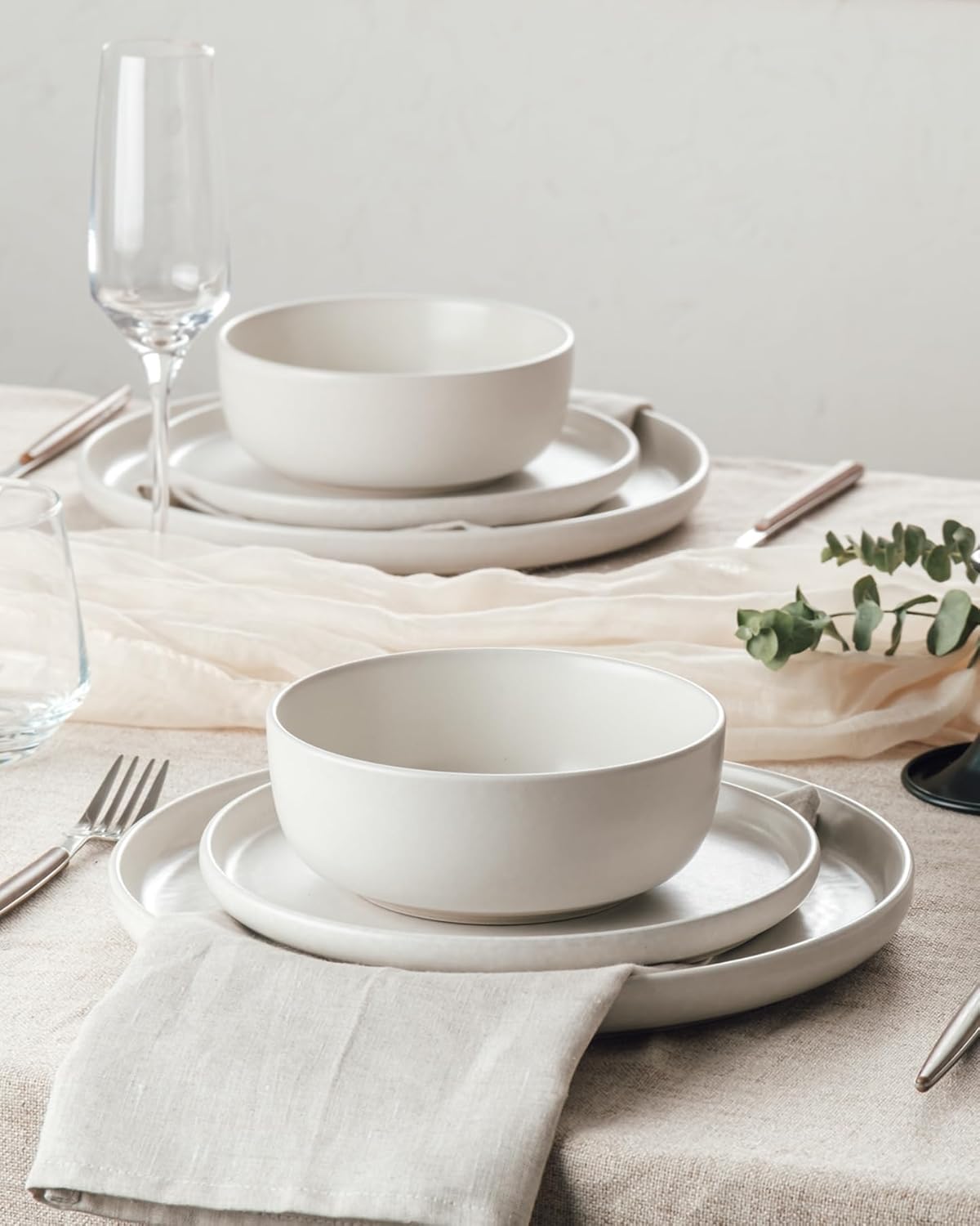 Famiware Milkyway Plates and Bowls Sets, 12 Pieces Dinnerware Sets, Reactive Glaze Dish Set, Stoneware Dishes Set for 4, Matte Beige White