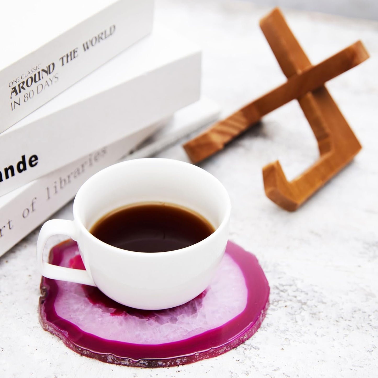 Luxury Lane Large Natural Brazilian Agate Slice Geode Rock Stone Drink Coaster with Wood Holder 4.7-5.5 inch Centerpiece Table Decoration, Rose Pink