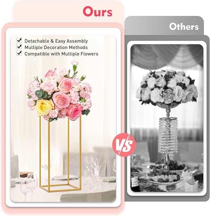 4 Pcs Metal Flower Stand for Wedding Centerpieces Stand Column Vases Wedding Flower Stand Rectangular Geometric Gold Centerpieces Stands for Wedding Decorations Home Party Event (4Pcs)