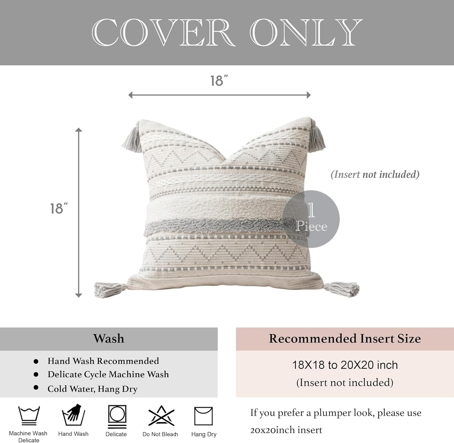BlissBlush Gray Decorative Throw Pillow Cover 18x18 Square Boho Neutral White Accent Pillowcase Tassels Farmhouse Cushion for Couch Sofa Bedroom Living Room Home Décor (Cover ONLY, Pack of 1)