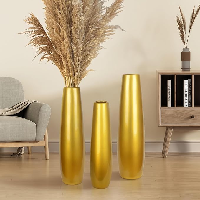 Gold Ceramic Tall Floor Vase,17.7 Inch Large Modern Flower Vases for Home Décor,Wicker Big Floor Vase Decorations for Farmhouse, Living Room,Bedroom,Standing Plastic Vase Decorative Tall