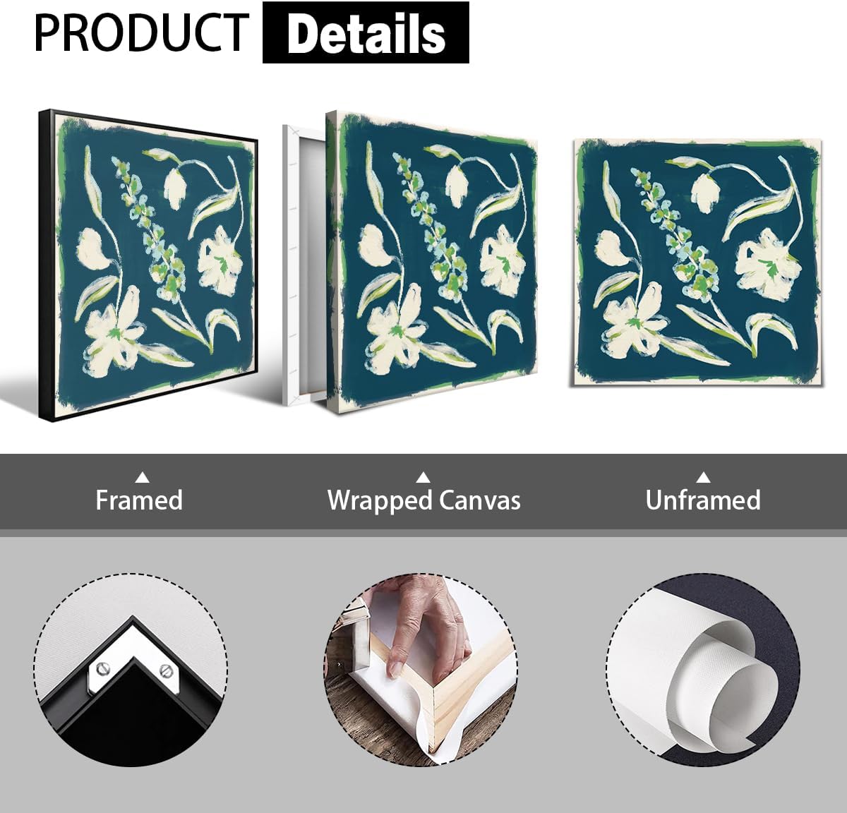 Flower Canvas Wall Art, Blue and Green Floral Aesthetic Poster, Chinoiserie Watercolor Botanical Print, Coastal Grandma Modern Southern Grandmillennial Plant Painting for Wall 16x16in Framed