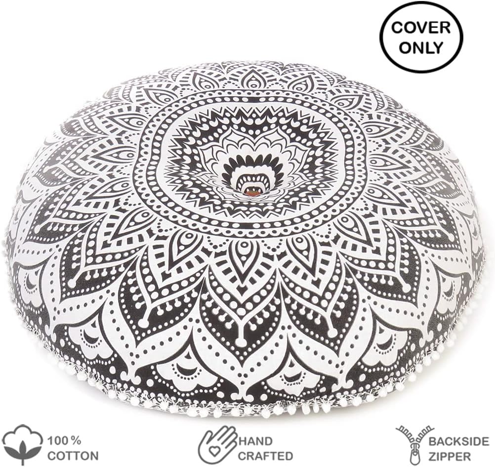 Eyes of India - Mandala Floor Pillow Cover Meditation Cushion Seating Throw Hippie Round Colorful Decorative Bohemian Indian Pouf Ottoman Handmade Cover ONLY (Ombre Black, 32" x 32")