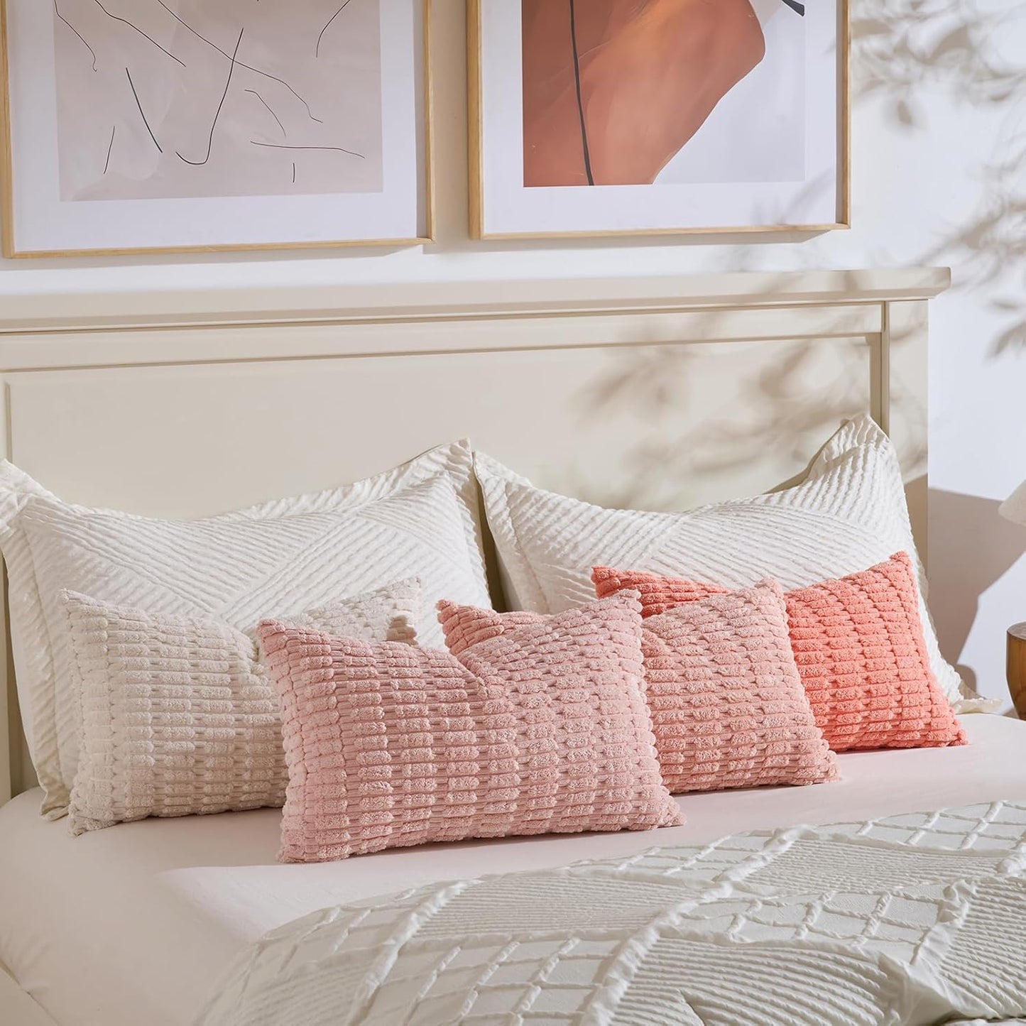 Fancy Homi 4 Packs Blush Pink Boho Lumbar Decorative Throw Pillow Covers 12x20 Inch for Couch Bed Sofa, Soft Striped Corduroy Rectangle Light Pink Coral Peach Cream Accent Cushion Case 30x50 cm