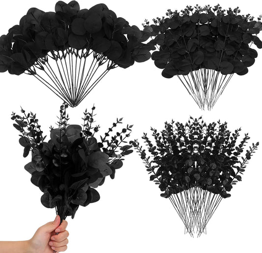 Giegxin 90 Pcs 3 Kinds Mixed Eucalyptus Leaves Stems Bulk Artificial Silver Dollar Leaves Picks Dried Eucalyptus Bundle Faux Spray for Wedding Vase Bouquet Floral Arrangement (Black)