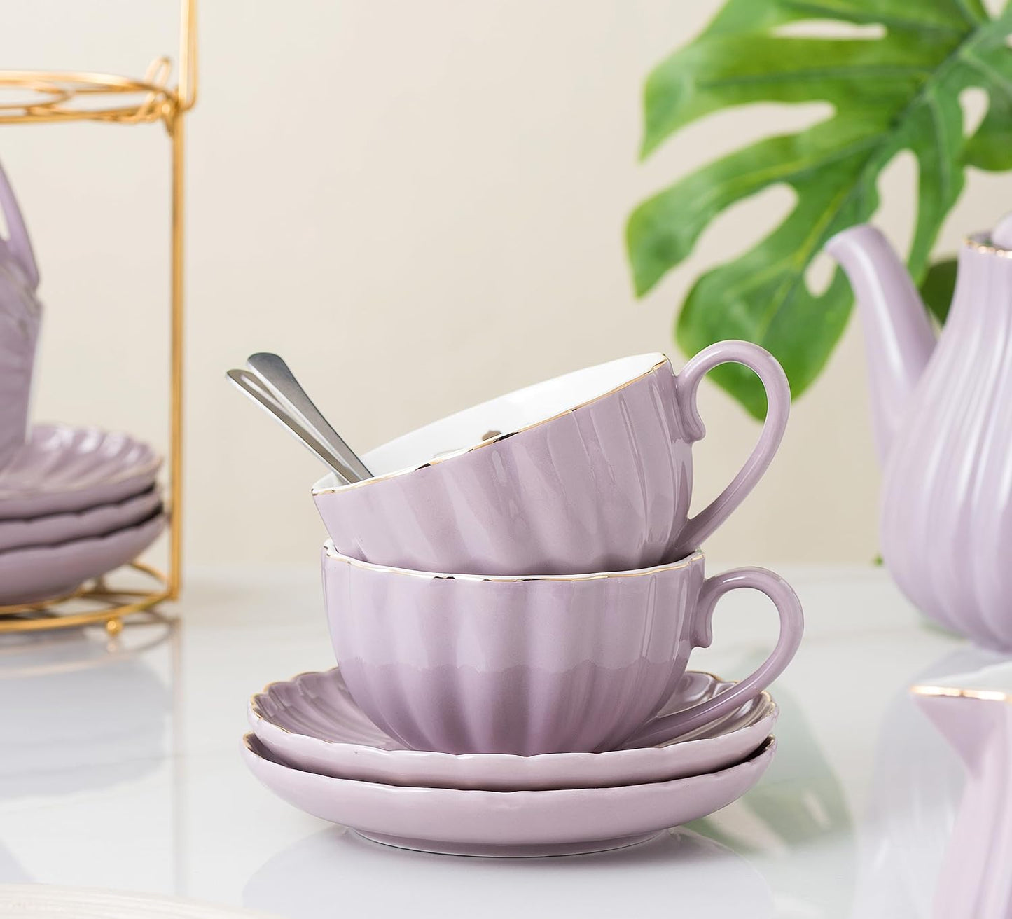 CLAY TONIC-- 8 OZ Fine China Purple Coffee Cup/Teacup Set, Cups & Saucer, with Teapot-Sugar Bowl-Cream Pitcher Teaspoons and tea strainer for Tea/Coffee,17-Pieces- Service for 4 (Purple)