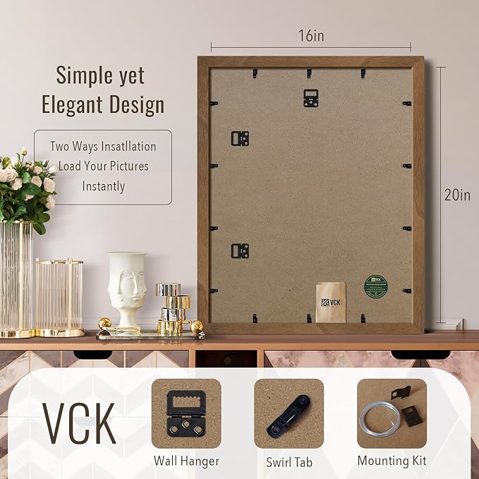 VCK 16x20 Picture Frames for Wall - Brown Walnut 3 Pack, Natural Textured Solid Wood Poster Frame