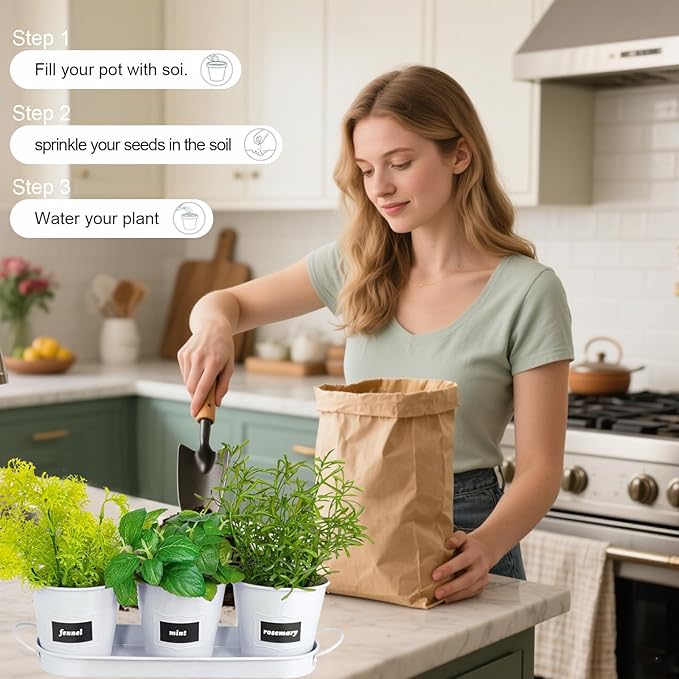 4" Herb Garden Planter Kit, Indoor Herb Planters with Tray, Set of 3 Metal Windowsill Pots for Flower Plants with Drainage Hole, Customizable Labels & Marker Pen, White