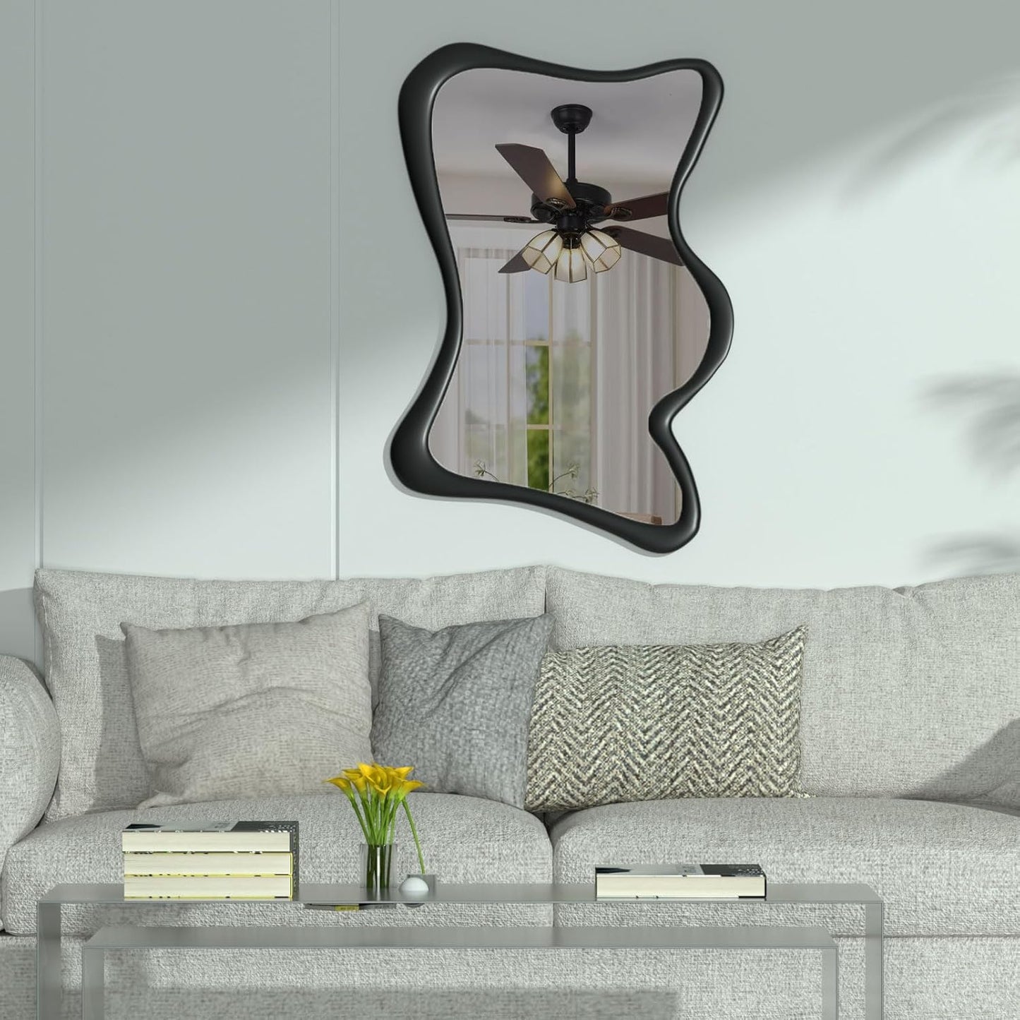 COOL2DAY Irregular Wall Mirror,32" x 24" Wood Frame Asymmetrical Mirror,Rustic Decorative Mirror for Living Room Bedroom Bedroom Entryway Bathroom Entryway, Modern Wavy Wall Mounted Mirrors Black