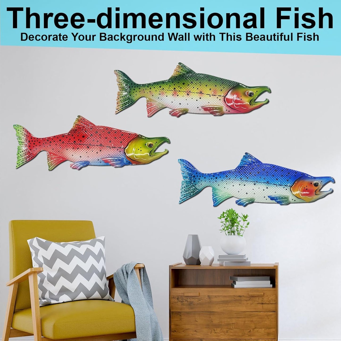 Metal Fish Wall Decor Outdoor Colorful Fish Coastal Ocean Sea Wall Art Sculptures Hanging Decorations for Bedroom, Living Room, Garden, Fence, Patio Set of 3