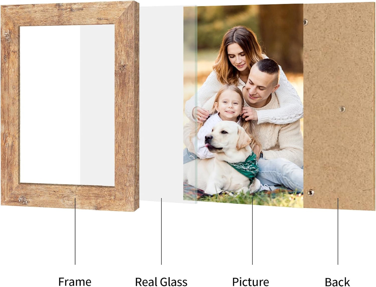 iRahmen 6x9 Picture Frame Set of 4, High Definition Real Glass Rustic Brown Frame, 6 x 9 Wood Photo Frames for Tabletop Display and Wall Mounting