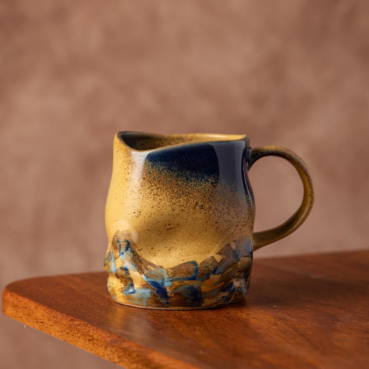 Handmade Ceramic Coffee Mugs, Mugs with Coffee Spoon, 11oz, Handmade Pottery Mug with Handle, Hand-painting, Unique Uneven Surface Tea cups, Dishwasher and Microwave Safe (Yellow)