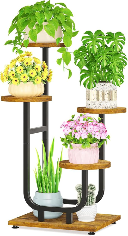 LASZOLA Black 4 Tier Tall Metal and Wood Plant Stand Indoor, Large Heavy Duty Planter Holder Rack for Vertical Corner, Sturdy Iron Spiral Multiple High Flower Organizer for Rustic Patio House Bathroom