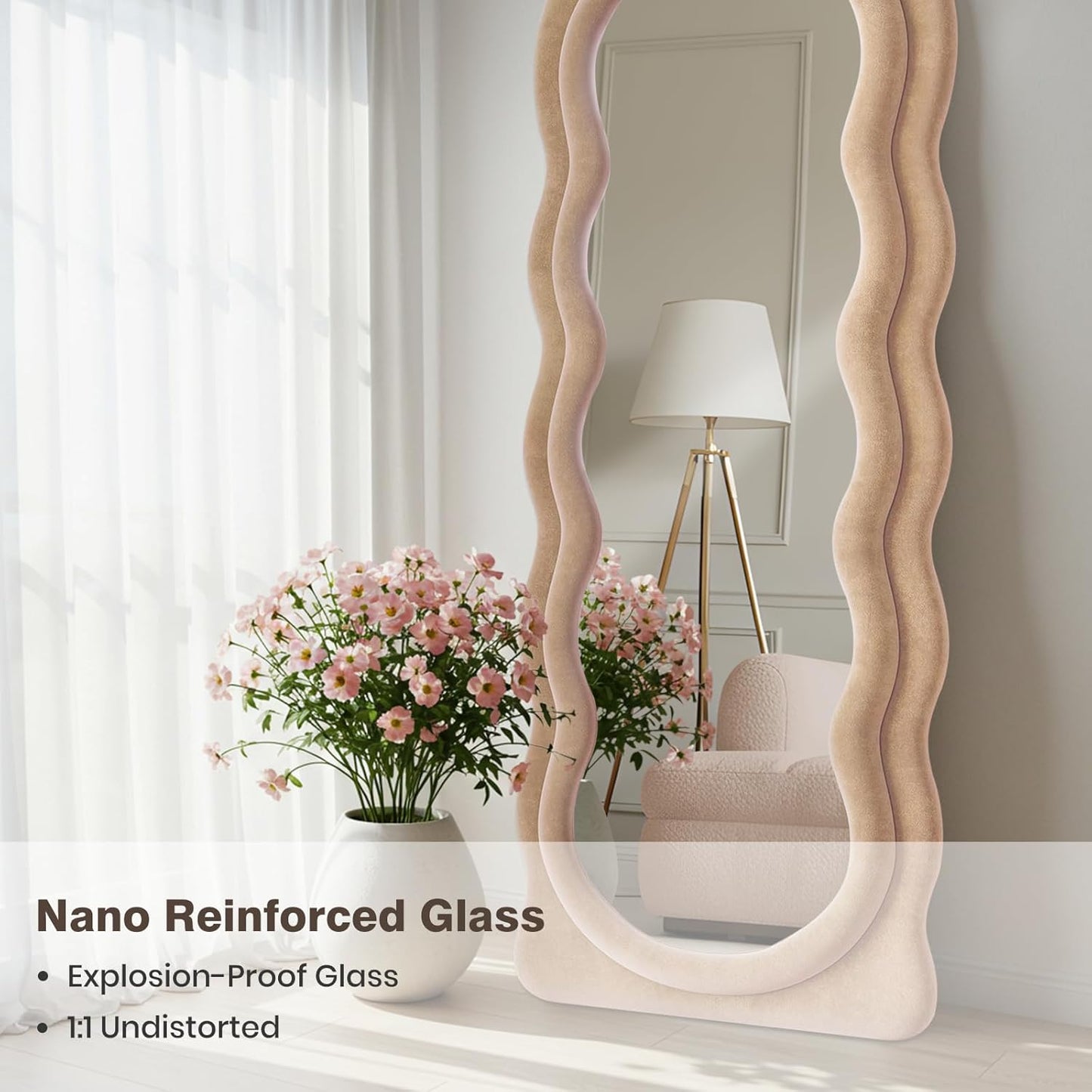 Full Length Mirror 63"x24" Arched Wavy Full Body Wall Mounted Floor Mirror with Stand Milk Tea Flannel Frame Leaning Hanging Wall Mirror for Bedroom Entrance Hallway