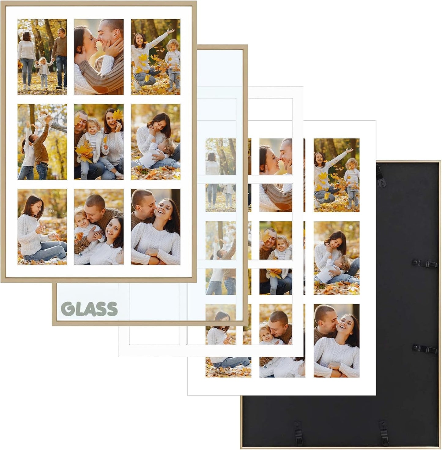 Frametory - 13.6x19.7 Aluminum Collage Picture Frame - Display 4x6 Pictures with 9 Openings Mat - Real Glass Front - Horizontal/Vertical Wall Mount - Gold 1 Pack