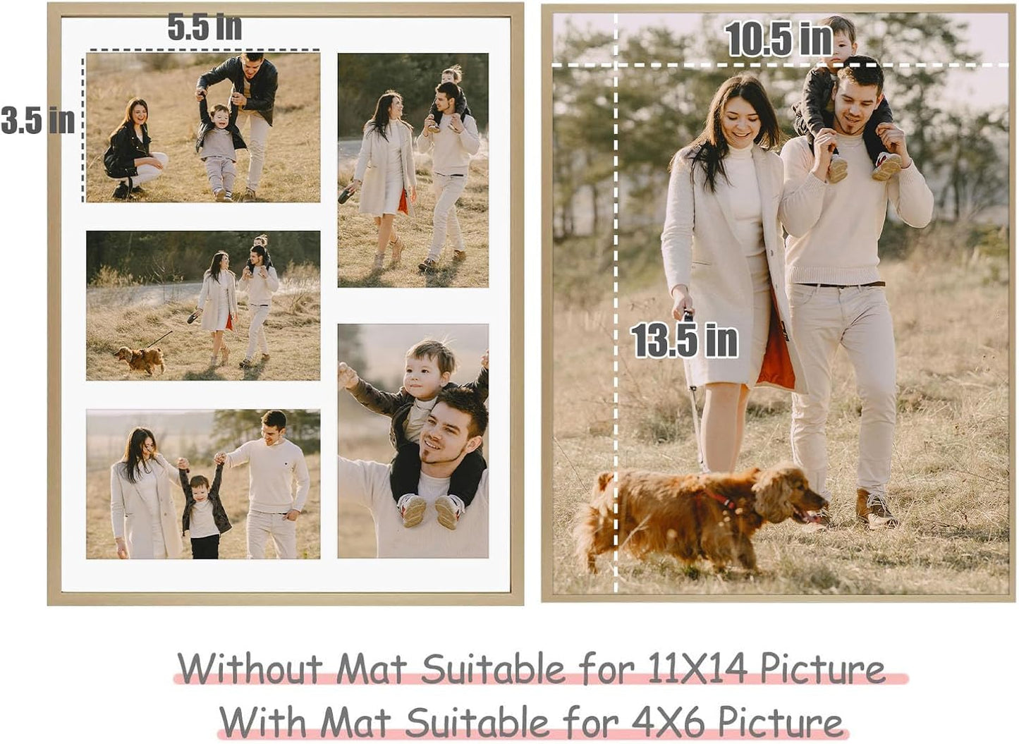 Frametory - 11x14 Aluminum Collage Picture Frame - Display 4x6 Pictures with 5 Openings Mat - Real Glass Front - Horizontal/Vertical Wall Mount - Gold 1 Pack