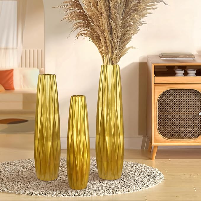 Gold Ceramic Tall Floor Vase,28 Inch Large Modern Flower Vases for Home Décor,Wicker Big Floor Vase Decorations for Farmhouse, Living Room,Bedroom,Standing Plastic Vase Decorative Tall