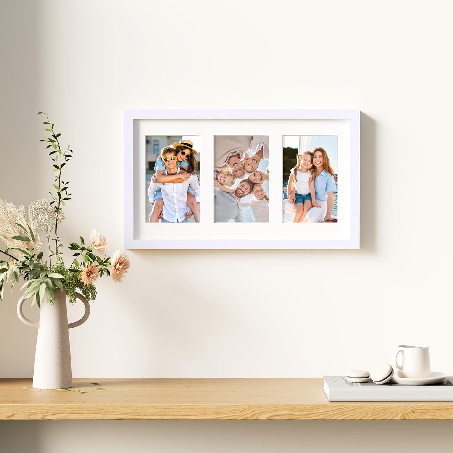 decorUhome 8x14 Picture Frames Collage Wall Decor, Display 3Pcs 4x6 Photos with Mat or 1Pcs 8x14 Unmatted, 3 4x6 Collage Picture Frames for Wall Mounting, White