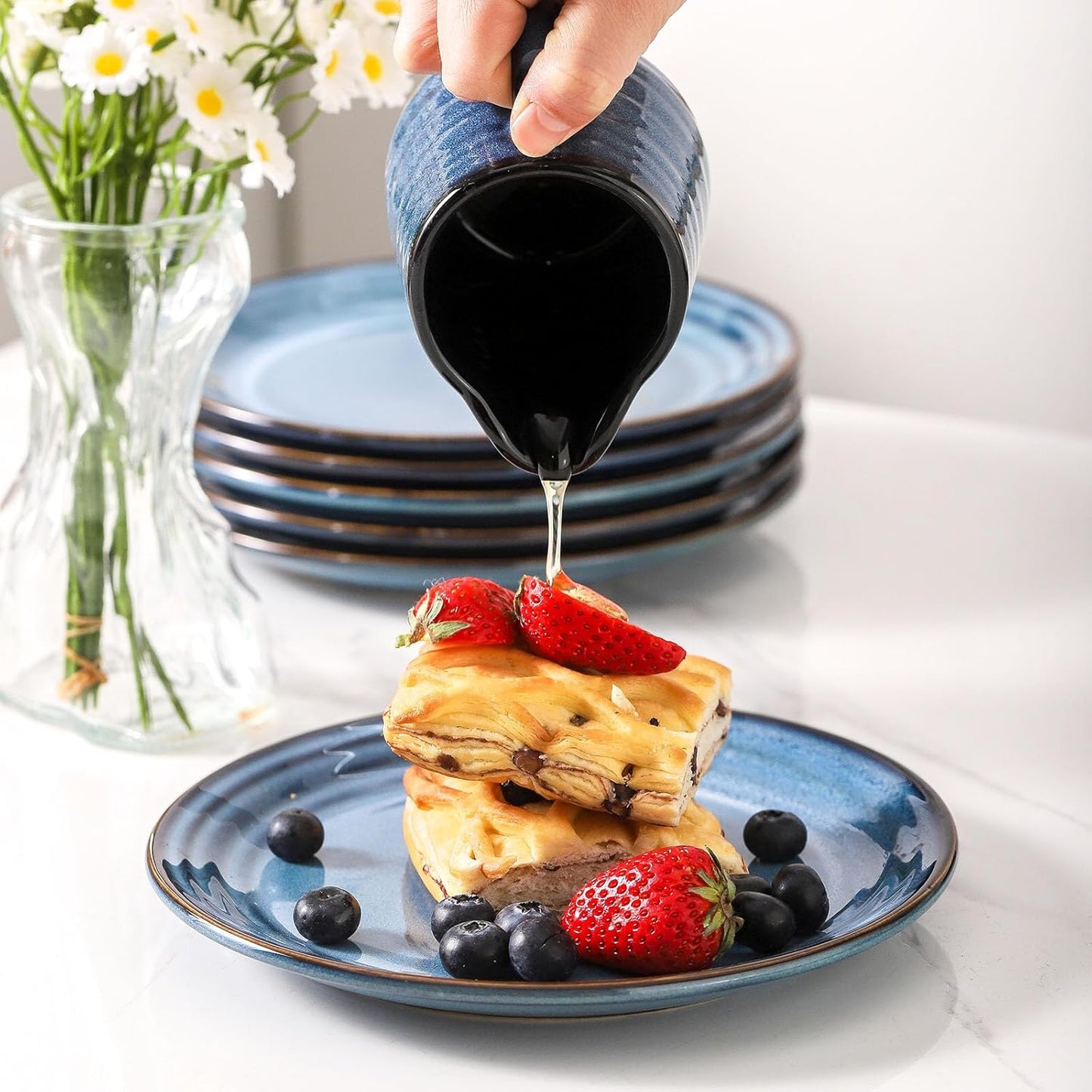 Hasense Dessert Plates Set of 4, 8 Inch Porcelain Salad Dinner Plates Set for Kitchen, Flat Serving Dishes for Appetizer, Pasta, Side Dish, Snack, Microwave and Dishwasher Safe, Blue