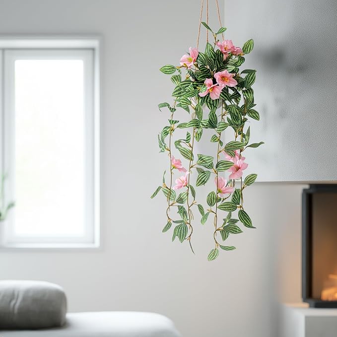 2PCS Artificial Hanging Plant with Pot Faux Hanging Plants Small Hanging Plants Pot with Artificial Vines and Flower Greenery Decoration for Living Room Wall Home Wall Shelf (Stripe Pink)
