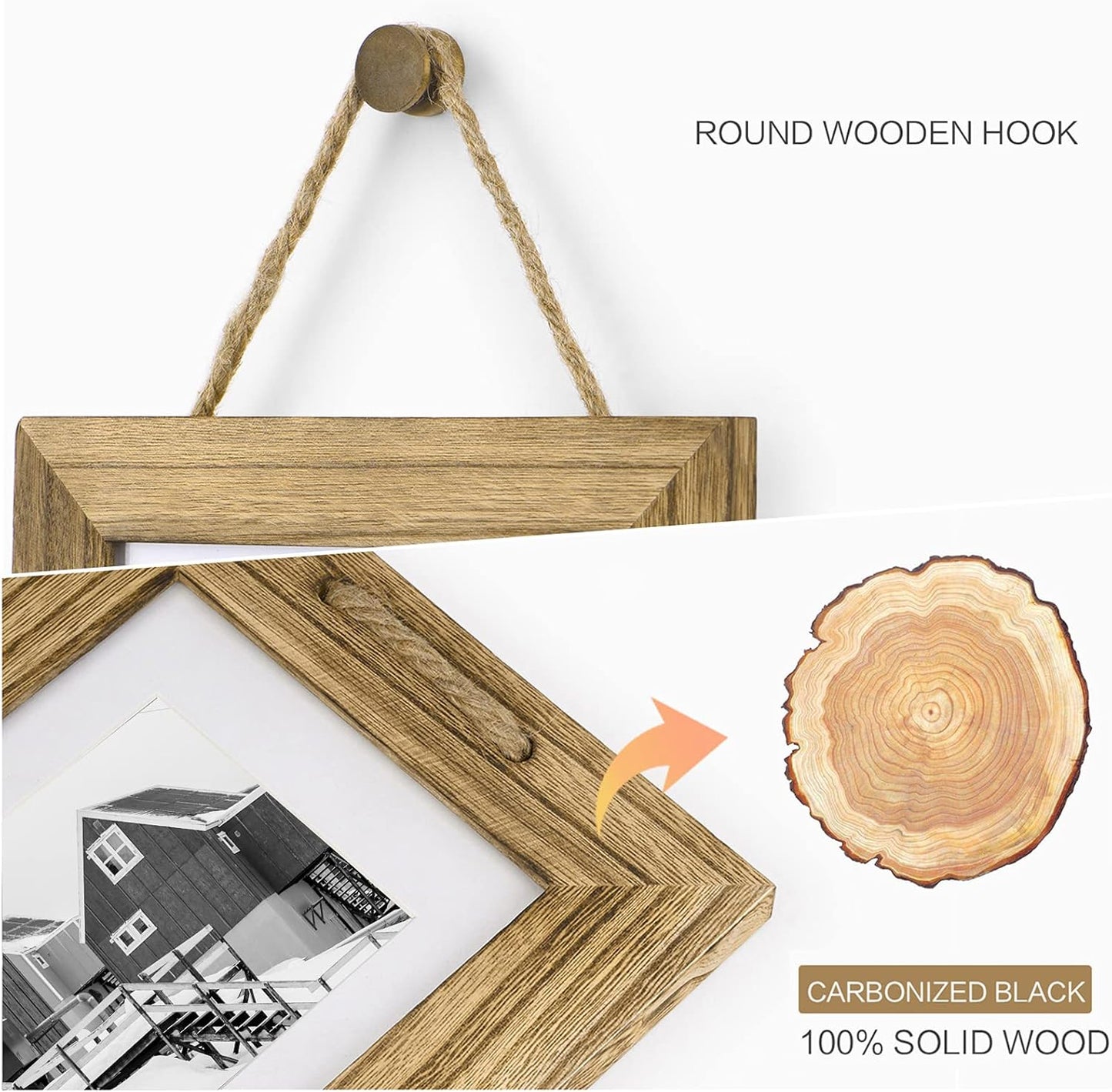 DLQuarts 5x7 Hanging Collage Picture Frames Wall Decor, 4-Opening 5x7 Matted to 3.5x5 Photo Rustic Wood Frame with Hemp Rope, 2 Pack, Carbonized Brown