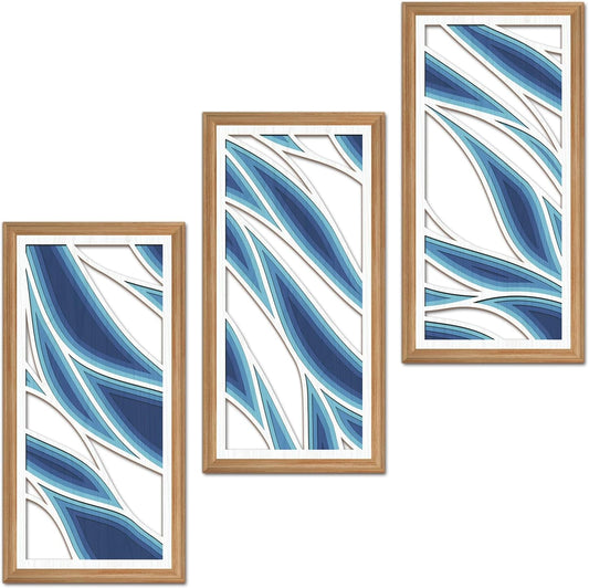 IARTTOP 3 Pcs Bohemian Abstract Wood Wall Decor Blue Mid Century Artwork Minimalist Modern Hanging Decor Boho Blue Waves Wall Art for Office Living Room Bedroom 7.9 x15.8 Inch