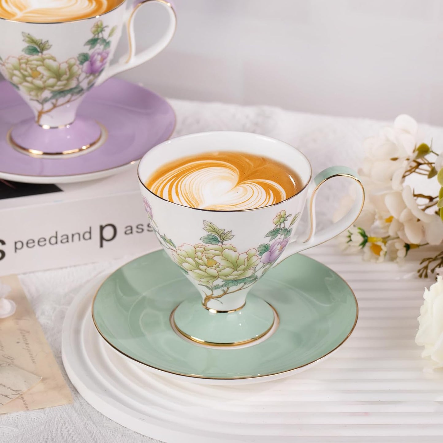 KAMMAK Ceramic Coffee Cups Saucers Set of 2, Porcelain Espresso Cups with Saucers, 8.12 oz Handcrafted Elegant Bone China Tea Cups, Purple Purple & Mint Green Flower Teacup for Party, Office, Gift