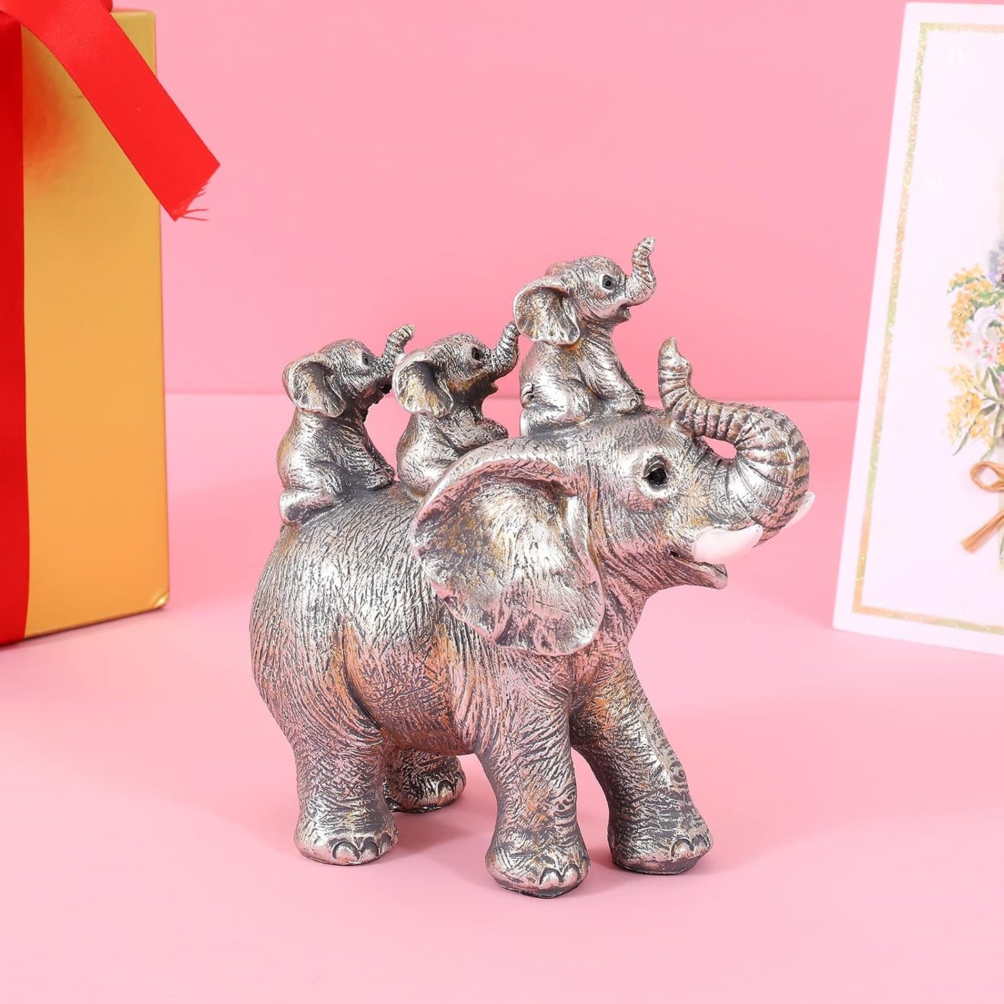 Cute Silver Elephant Statue Good Luck Elephant Carries Three Calves on Its Back Figurines Décor for Shelf Good Gifts for Women Decoration for Living Room, Bedroom, Office