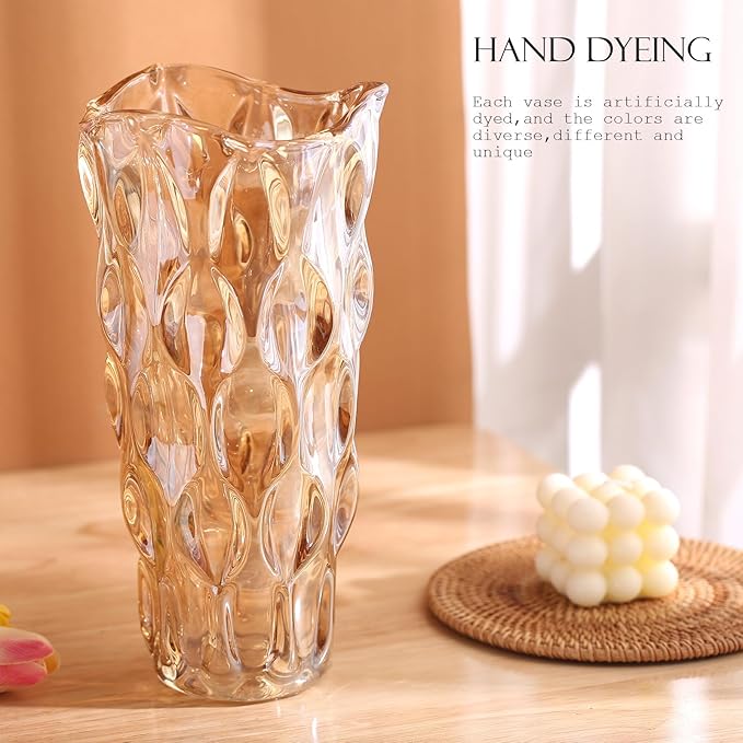 Amber Glass Vase, Thickened Cylindrical, Modern Boho Style, Handmade Decorative Flower Vase for Centerpiece Dining Table, Wedding, Holiday Party, 11.6 Inches Tall