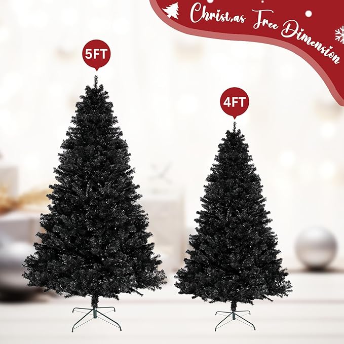 ULICO 5ft Artificial Black Christmas Tree,Premium Spruce Xmas Tree with 600 Branch Tips, Fake Christmas Tree with Foldable Metal Base Stand,Home, Office,Party Decoration