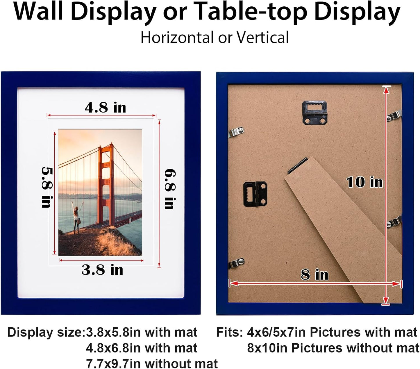KINLINK 8x10 Picture Frame Navy, Solid Wood Frames with Acrylic Plexiglass for Pictures 4x6/5x7 with Mat or 8x10 without Mat, Tabletop and Wall Display Photo Frame, Set of 4