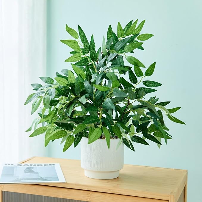 17.7" Fake Willow Plant in White Textured Ceramic Planter Tall Artificial Greenery Faux Plant with Lifelike Leaves Elegant Indoor Plant Decor for Living Room, Office, or Bathroom