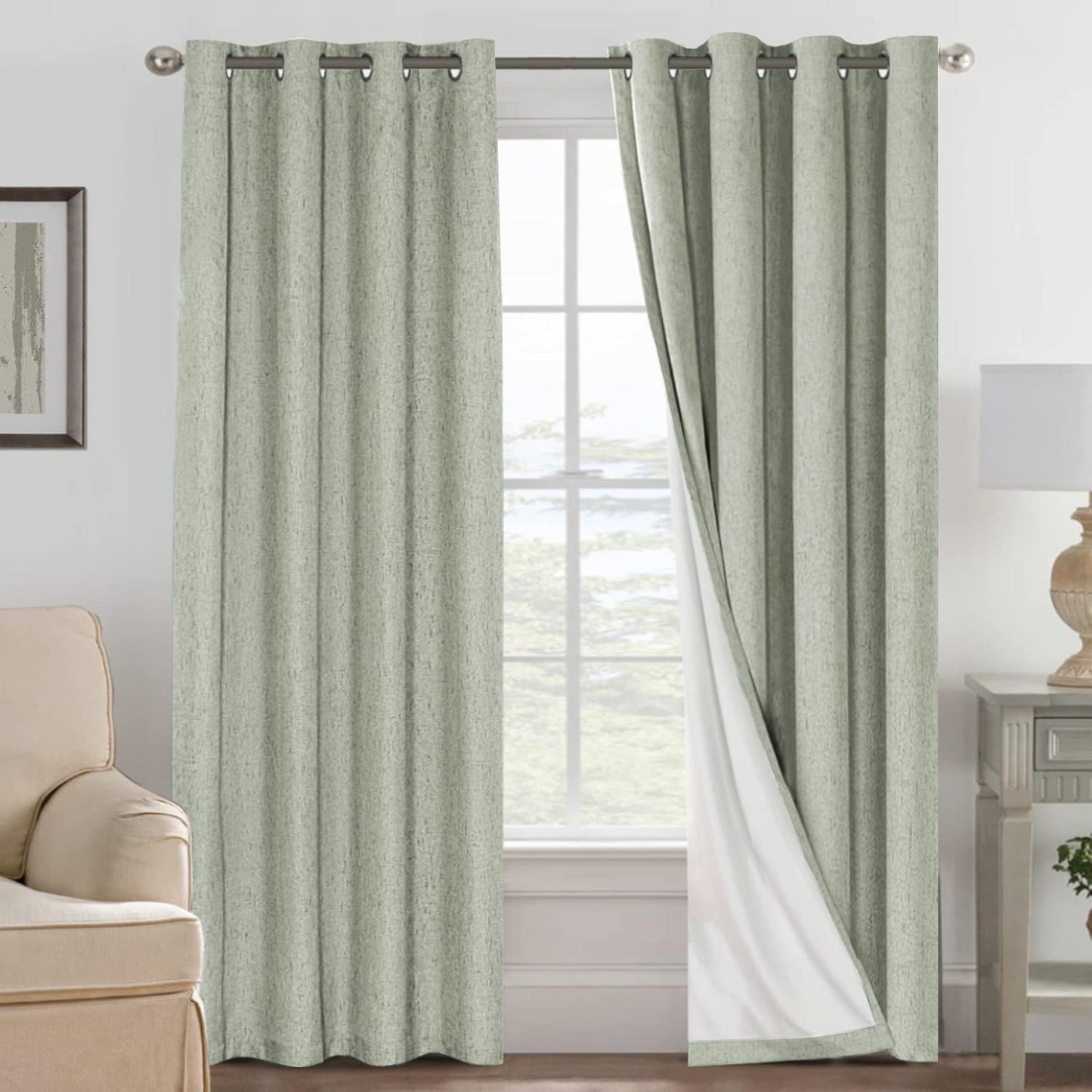 H.VERSAILTEX Linen Blackout Curtains 108 Inches Long 100% Absolutely Blackout Thermal Insulated Textured Linen Look Curtain Draperies Anti-Rust Grommet, Energy Saving with White Liner, 2 Panels, Sage